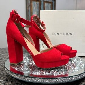 Sun + Stone faux suede Red Peep-Toe Heels NWT 9.5